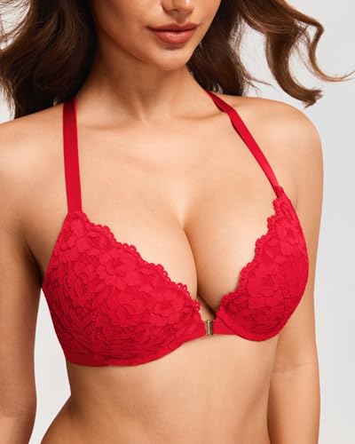 Image of DOBREVA Women's Front Closure Push Up Bra Underwire | Floral Lace, Racerback, Sexy, Cleavage, Padded, Plunge, Party, Date, Supportive