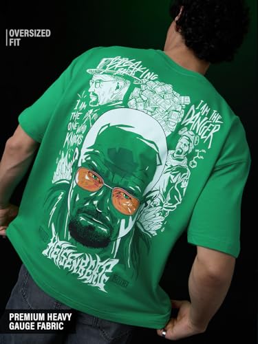 Image of The Souled Store Breaking Bad: Heisenberg Men and Boys Short Sleeve Round Neck Green Graphic Printed Cotton Oversized T-Shirts