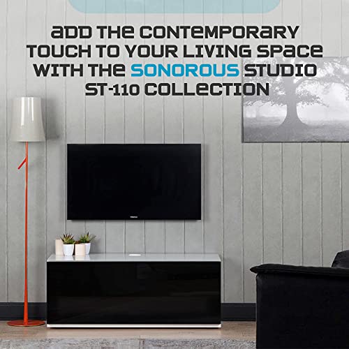 Image of SONOROUS ST-110 Premium TV Stand with White Glass & Black Wood Cover - Modern Entertainment Center & Media Console for Living Room - TV Cabinet up to 65 Inch with Hidden Wheels - Sleek Storage Design