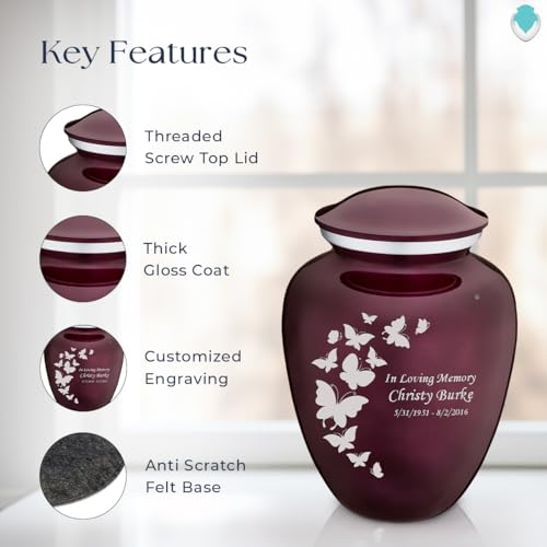 Image of Geturns - Adult Personalized Butterfly Cremation Urns for Human Ashes I Large Cherry Purple Funeral Urn for Men and Women I 200 lbs