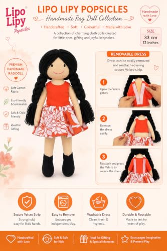 Image of Handcrafted Indian Rag Doll Set, Stitch Soft Toy Doll for Kids, Soft Cotton Fabric Yarn Cloth Doll, Traditional South Indian Soft Toys for Kids Room Decor (Orange, Floral)