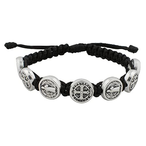 Image of Venerare Small Woven Bracelet with Seven Saint Benedict Medals | Black Cord and Silver Tone Metal Beads | Patron Saint of Students and Europe | Great Catholic Gift for First Holy Communion