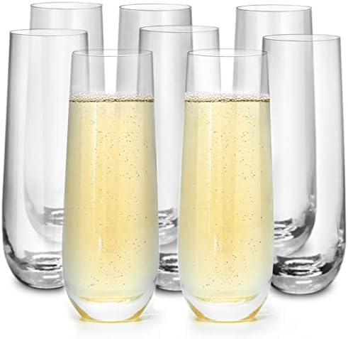 Qooenz Pack of 8 Stemless Champagne Flutes, 9.3oz Clear Cocktail Glasses For Mimosa, Party, Wedding - Dishwasher Safe Glassware Set for Champagne, Wine, Rose, Prosecco
