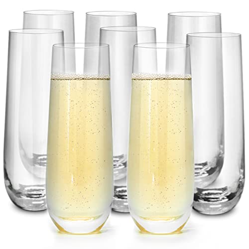 Qooenz Pack Of 8 Stemless Champagne Flutes, 9.3Oz Clear Cocktail Glasses For Mimosa, Party, Wedding - Dishwasher Safe Glassware Set For Champagne, Wine, Rose, Prosecco #TOP3
