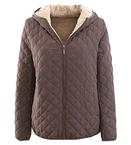 Atditama Hooded Fleece Lining Jacket Coat for Women, Full Zip Sherpa Lined Puffer Outerwear for Fall Winter Coffee L - (fit Like US 6-8)