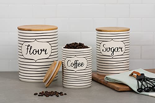 Image of 10 Strawberry Street Labeled Ceramic Kitchen Canister Set, Set of 3, Coffee Sugar Flour, White /Black, Bamboo Lids