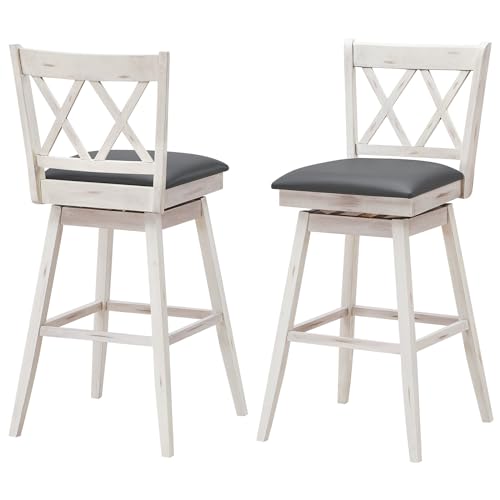 GiantexUK Bar Stools Set of 2, Upholstered 360° Swivel Barstools with Slatted Back & Footrest, Rubber Wood Counter Height Breakfast Bar Chairs for Kitchen Dining Living Room (47 x 52cm x 108cm, White)