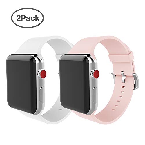 MITERV Compatible Apple Watch Band 38mm 40mm 42mm 44mm Soft Silicone Replacement Band for Apple Watch Series 4 Series 3 Series 2 Series 1 (White+Pink38mm/40mm, for 38mm/40mm Apple Watch)