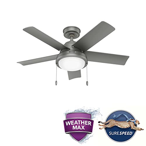 Image of Hunter 44 inch Seawall Outdoor Ceiling Fan, LED Light, Matte Silver, Pull Chain