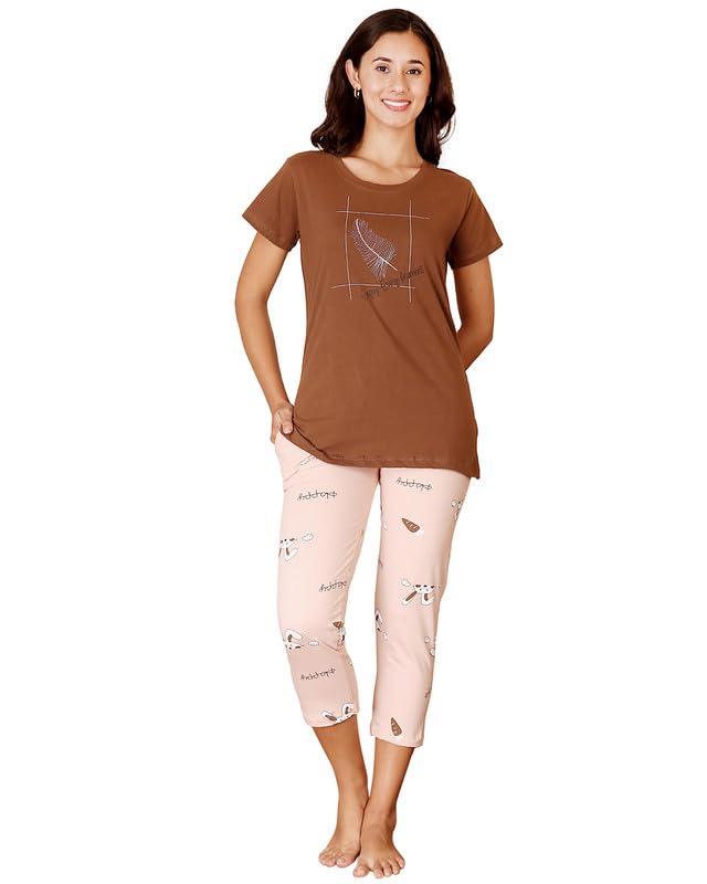 bodycare Women's Cotton Printed T-Shirt and Capri Set | Soft & Breathable Nightwear | Short Sleeves | Loungewear Co-Ord Set BSCS16029-picture-50