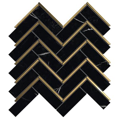 TNNGG-04 Herringbone Black and Gold Polished Marble Mosaic Tile Backsplash 1 Sheet