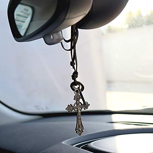Inebiz Retro Alloy Cross Crucifixion Woven Cowhide Car Charm Interior Rearview Mirror Decoration Hanging Pendant Fashion Necklace (Silver) #TOP1