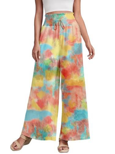 Image of Leriya Fashion Womens Mid Rise Tie-Dye Loose Fit Flared Wide Leg Palazzo Pants | Relaxed Pants | Bottom