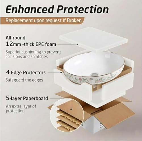 Image of BASSINO 21x14x6 Inches Ceramic Table Top Wash Basin /Designer Bathroom Sink /Luxury Countertop Vessel Basin /Oval Above Counter Basin /Wash Basin for Bathroom /Dining Hall(Glossy White Floral Print)