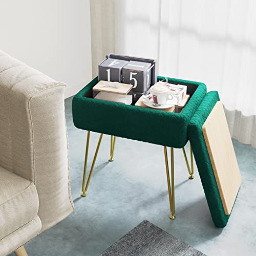 Enhomee Vanity Stool Chair With Storage 19.3"H Soft Velvet Storage Ottoman With Metal Gold Leg Vanity Chair For Makeup Room With Wooden Top Cover Modern Makeup Footstool For Bedroom, Livingroom, Green #TOP3