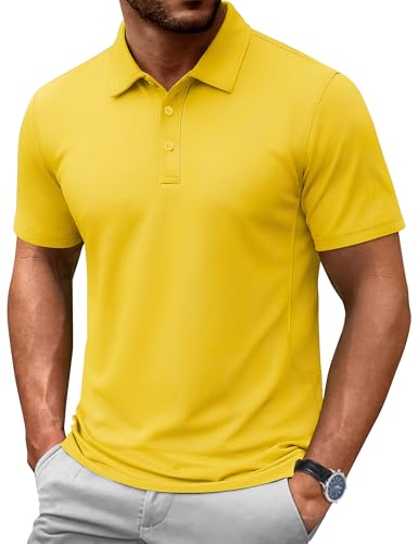 Cotrsen Mens Polo Shirt Short Sleeve Casual Performance Collared Work Golf Shirt Cotton Pique Polo for Summer Yellow XL