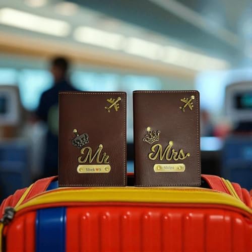 Image of Thebaegift Personalized Couple Passport Cover |Unisex-Adult Personalised Name, Charm & Color Leather Gift Set| for Couple - 2 Pcs | Wedding Anniversary Marriage Gifts for Couple Friend Husband Wife