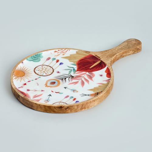 Image of Saaga Burnt Sienna Mango Wood Pizza Serving Tray - Stylish Round Snack Plate (15x10 Inch) for Kitchen, Home, Cafes & Restaurants
