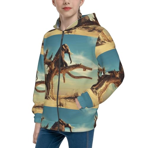Elephant on dry tree Kids Pullover Hoodies Boys Zip Up Sweatshirts Girls Athletic Clothes with Pocket