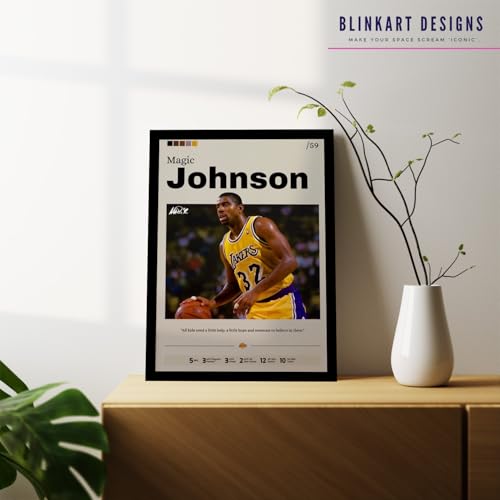 Image of BLINKART Magic Johnson | Nba Basketball Player | Synthetic Wood Photo Framed Wall Hanging Poster Room & Office Bedroom Living Boys And Girl Room Home Wall Hanging | 12x18 Inches