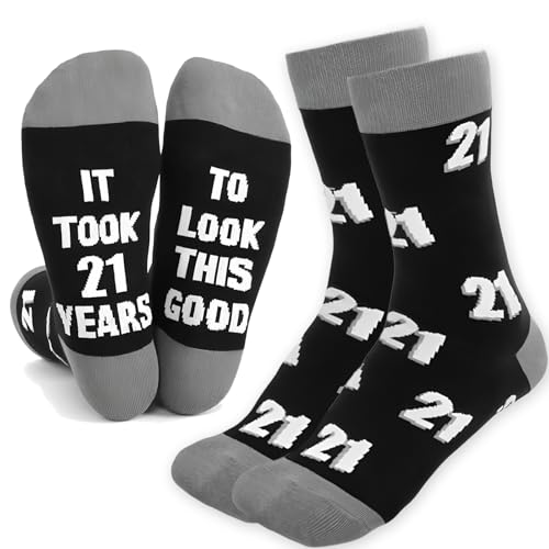 NICECONE 21st Birthday Gifts for Men - Funny Novelty Socks with It Took 21 Years to Look This Good - Black Calf-Length Birthday Presents for Son Grandson Boyfriend Brother
