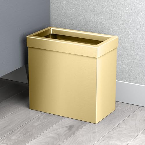 Image of Gatco Modern Rectangle Wastebasket, Brushed Brass - Stainless Steel Trash Can with Removable Lid, Leakproof, 3 Gallon Capacity for Bathroom, Bedroom, Kitchen, or Office