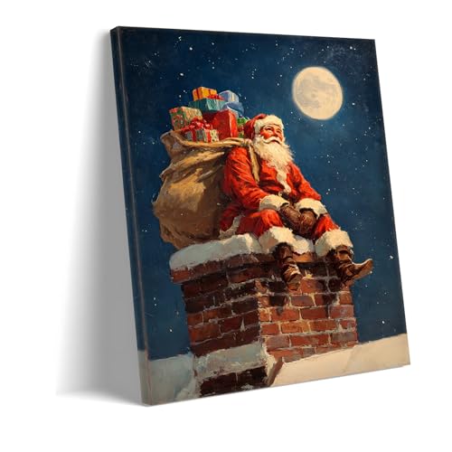 Toile Père Noël cadeau décoration festive cadre vintage 40x60 cm