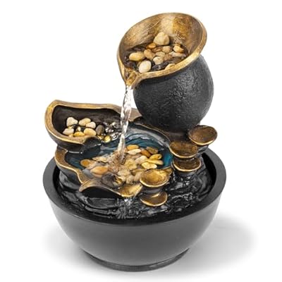 Spilling Pot Tabletop Water Fountain, 1 Foot Tall, Cascading Waterfall, with LED Light and Real Stones, Decorative Indoor Water Fountain, by Better Office Products