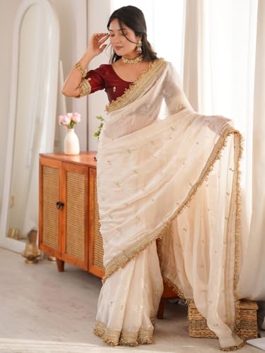 Image of AKHILAM Women's Shimmer Off White Georgette Sequence Embroidery Saree With Unstitched Blouse Piece
