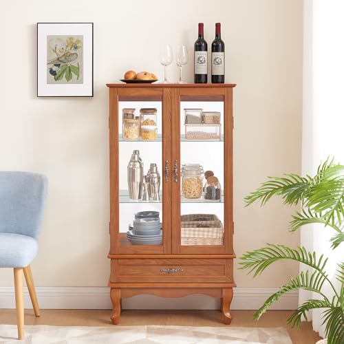 Image of 49 inch H Lighted Curio Cabinet Display Case, Glass Curio Cabinet with Adjustable Shelves,Tempered Glass Door and Drawer, Wooden Cabinets w /Mirrored Back Pane for Living Room (Oak)