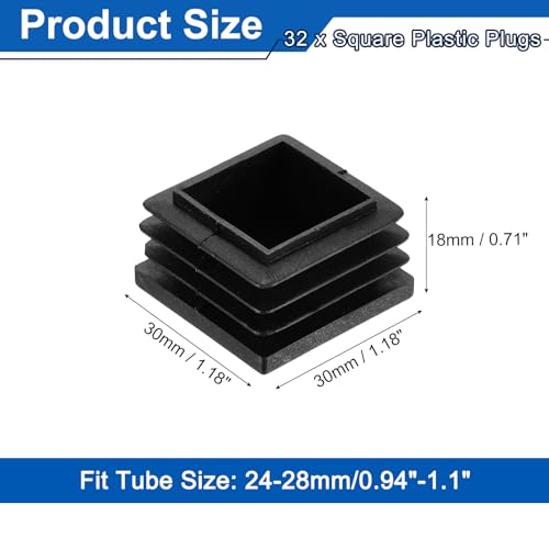 Image of uxcell 32Pcs Square Plastic Plugs, 30 x 30mm /1.18 x 1.18inch PE Pipe Tubing End Caps for 24-28mm /0.94-1.1inch Square Tube Furniture Chair Leg, Black