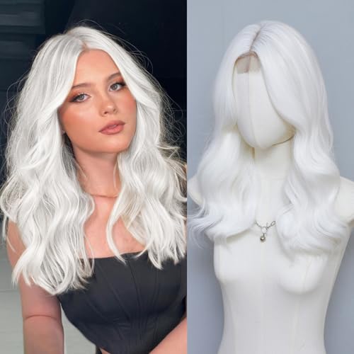 MORICA White Wigs for Women 18 Inch Middle Part Medium Length Short Curly Wavy Wigs Natural Synthetic Hair Womens Wigs for Daily Party/Halloween Use18inchWhite