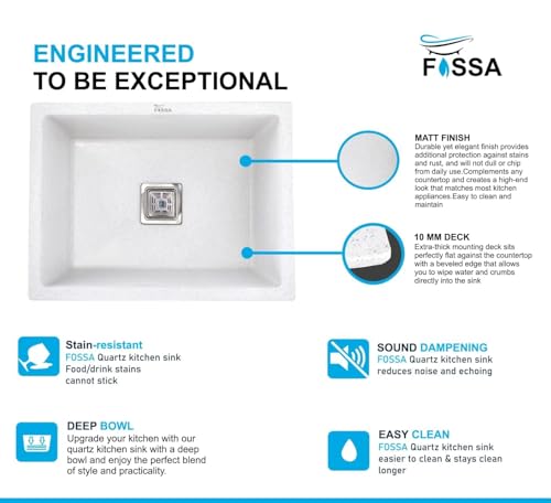 Image of Fossa 10-Year Warranty Pure Quartz Kitchen Sink 24 x 18 Inch | Single Bowl Granite Sink | Includes Waste Coupling, Waste Pipe & Strainer | Top Mount | White Matte Finish