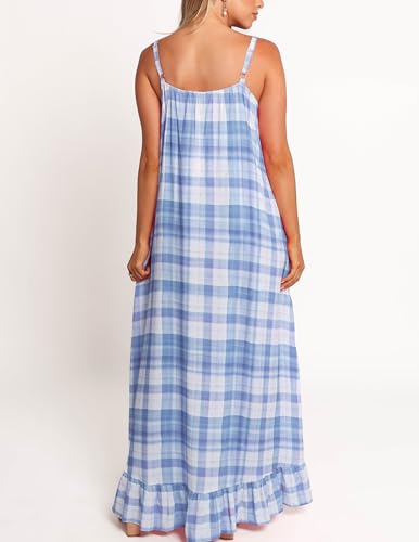 Image of LASPIA Spaghetti Strap Dresses for Women Plaid V Neck Maxi Sundress Beach Long Dress with Pockets