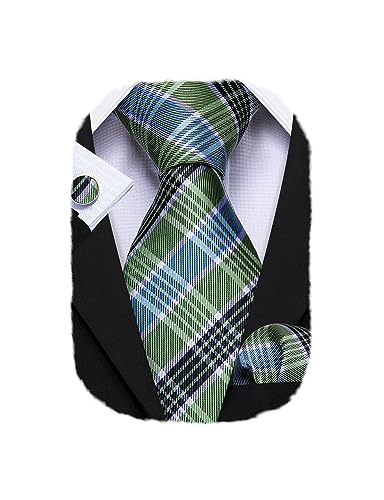 Image of Barry.Wang Plaid Ties for Men Silk Necktie Handkerchief Cuff Links Set
