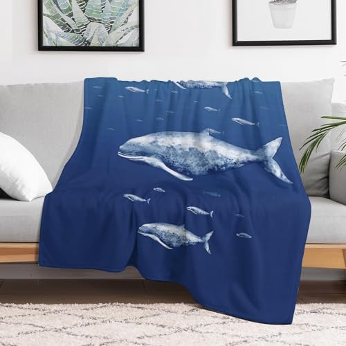 Couverture extra large en flanelle motif baleine bleue pour lit et canapé