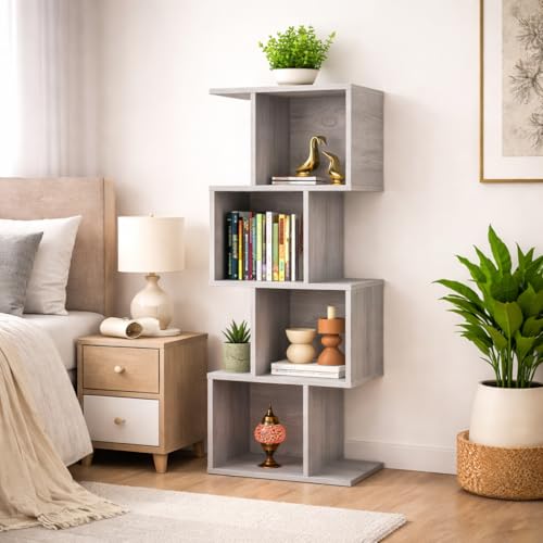 Image of Bookcase, Bookshelf, Freestanding Display Storage Shelves Open Bookcase for Bedroom, Small Bookshelf for Living Room and Office (Grey, S-Shaped)