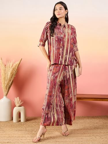 Image of Modeve Women Shirt Palazzo Foil Print Co-Ord Set