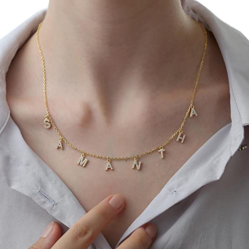 Handmade Name Necklace with Initial, 18K Gold Plated Personalized Name Necklace Cubic Zirconia Necklace Spaced Letter Pendant Charm Jewelry Gift for Women, Girls