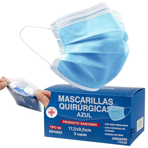 S&S Medical Mascarillas Quirúrgicas Tipo IIR Certificado CE, Mascarilla médicas homologadas, 3 capas, Alta eficiencia filtración bacteriana mayor al 98% (Azul,100 Unidades)
