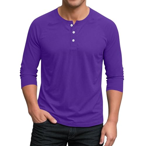 Mens Thermal Henley Long Sleeve Shirt Soft Loose Fit Pullover Casual Solid Color Fashion Blouse Lightweight Basic Tops Purple