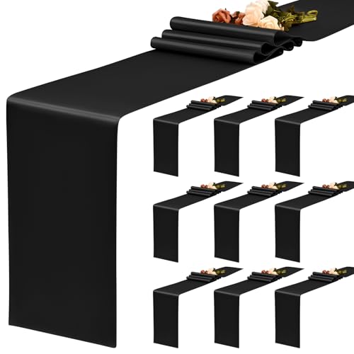 YMHPRIDE Lot de 10 chemins de Table en Soie - 30 x 180 cm - pour Mariage, fête, Anniversaire, Banquet - Décoration de Table - Noir