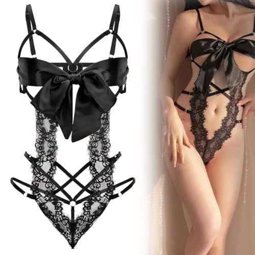 Sexy Damen Dessous Set, Erotische Translucent Spitze Riemchen Bodysuit mit Bogen, Overall Lingerie mit Loch Reizwäsche BH und Höschen Sets,...