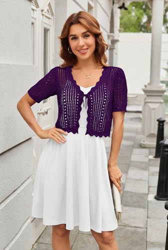 Image of Kate Kasin Women Crochet Shrug Knit Sweater, Short Sleeve Cropped Cardigan | Tie Front Tops Light Weight, Knit Cover Up Arm Bolero For Evening Dresses Dressy Casual, Ladies Eyelet Shawl Thin Formal