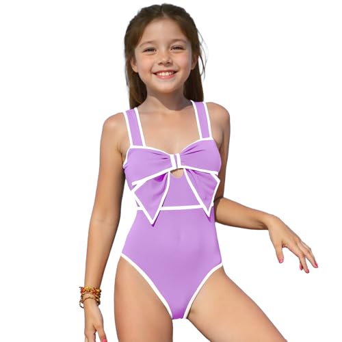Image of Girls Swimsuits, One Piece Bow Front Bathing Suit for Teens Wide Straps Kids Swimwear Size 8-16