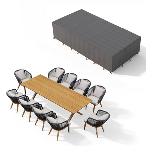 Image of PURPLE LEAF 11 Pieces Patio Dining Set with Waterproof Furniture Cover Rectangular Table and Chairs Set for Garden Deck Aluminum Frame Backyard Kitchen Set, Cushions and Pillows Included Teak