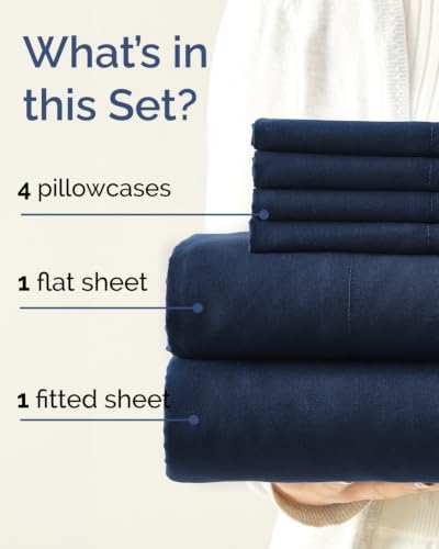 Image of Queen 6 Piece Bed Sheet Set - Soft, Breathable & Cooling Sheets - Dark Blue