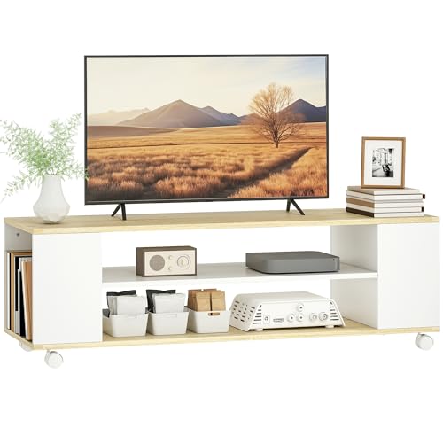 HOMCOM Mueble de TV con Ruedas Mesa para TV Flotante con 2 Estantes de Almacenamiento para Televisores de hasta 55 Pulgadas para Dormitorio 120x40x38,5 cm Blanco