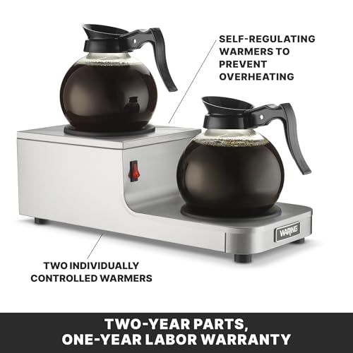 Image of Waring Commercial WCW20R Cafe Deco Double Coffee Carafe Warmer, Step Up Style, 120V, 5-15 Phase Plug | Double Step Up Burner, 70W Self-Regulating Heat Control, Stainless Steel Construction, NSF Certified for Restaurants & Cafes