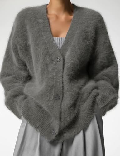 Image of COZYPOIN Womens Fuzzy Cardigan Sweater V Neck Button Down Soft Knit Coat | Loose, Comfy, Slouchy Drop Shoulder, Long Sleeve Fluffy Mohair, Warm, For Daily Work Holiday, Spring Fall Winter Fashion